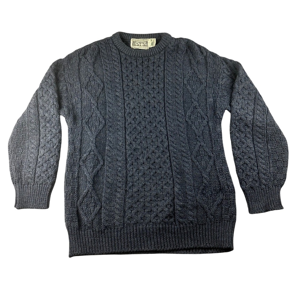 Aran Sweater Market Sweater Men M Blue 100% Wool Cable Knit Ireland Made Rustic